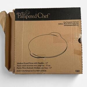 Pampered Chef Medium Round Stone with Handles 13” Pizza Baking Stoneware NIB
